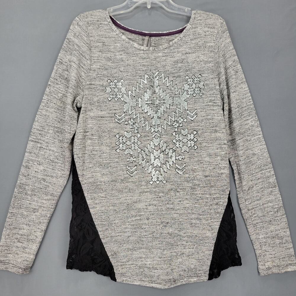 Vanity Gray Metallic Sweater Stretch Lightweight Lace Long Sleeves Womens Size L
